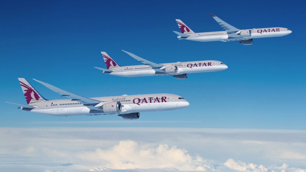 Aviones Boeing de Qatar Airways en vuelo, incluyendo modelos 787 Dreamliner y 777-9