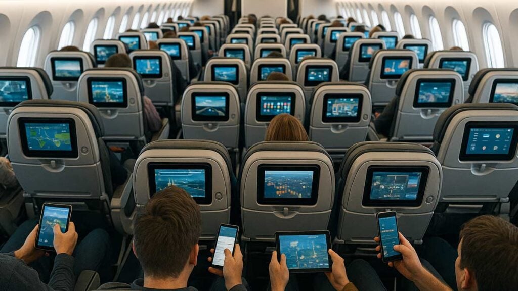 Pasajeros utilizando WiFi con conectividad de Starlink y pantallas de entretenimiento a bordo en un avión comercial