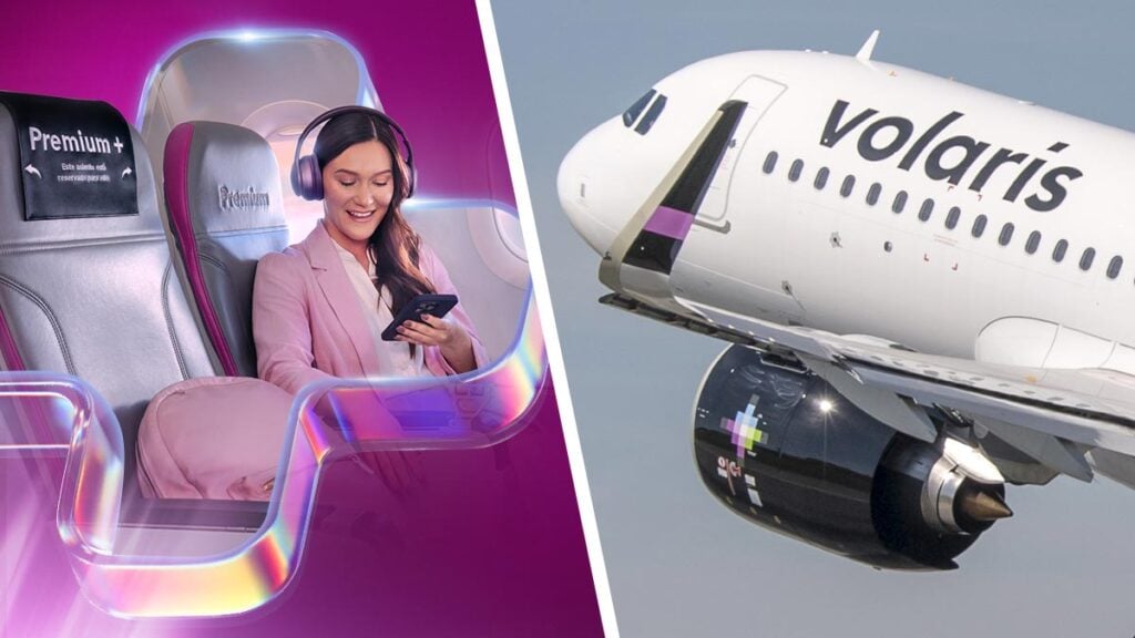 Asientos Premium+ de Volaris con mayor espacio y beneficios exclusivos, junto a un avión de la aerolínea en vuelo.