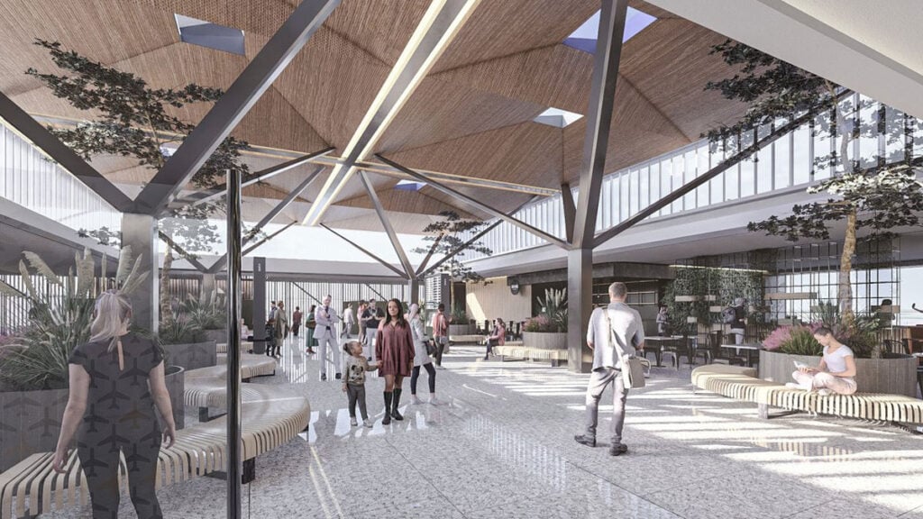 Render del interior ampliado del Aeropuerto de Córdoba con nuevas áreas de circulación y espacios para pasajeros.