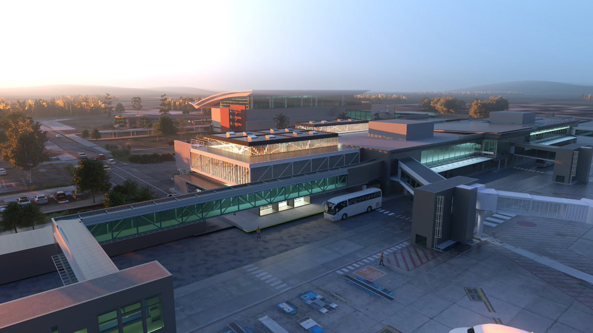 Render de la ampliación del Aeropuerto de Córdoba con nuevas áreas de terminal y pasarelas de embarque.