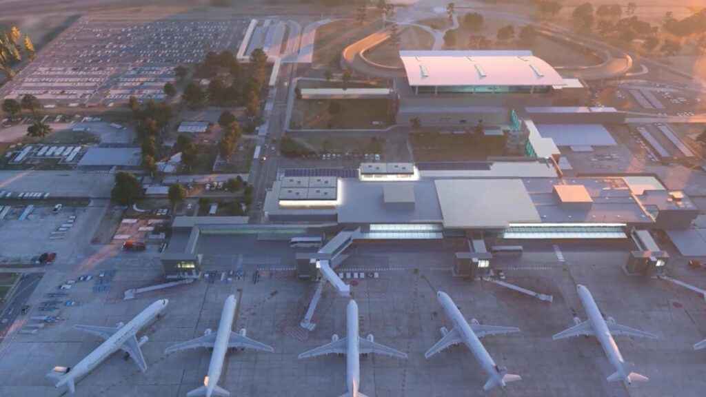 Vista aérea renderizada de la ampliación del Aeropuerto de Córdoba, con nuevas áreas de terminal y posiciones de aeronaves.