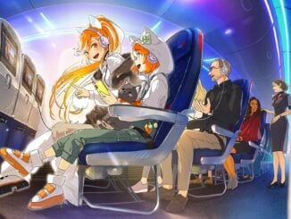 Ilustración de personajes de anime disfrutando del entretenimiento a bordo de Delta Air Lines gracias a la alianza con Crunchyroll.