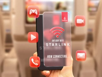 Pasajero utilizando el servicio de Wi-Fi Starlink en la flota de largo radio de Emirates durante un vuelo, con íconos de conectividad en pantalla.