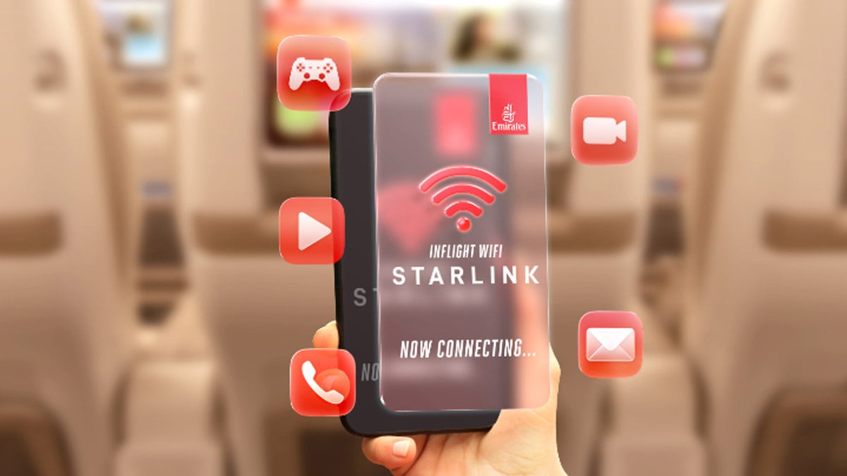 Pasajero utilizando el servicio de Wi-Fi Starlink en la flota de largo radio de Emirates durante un vuelo, con íconos de conectividad en pantalla.