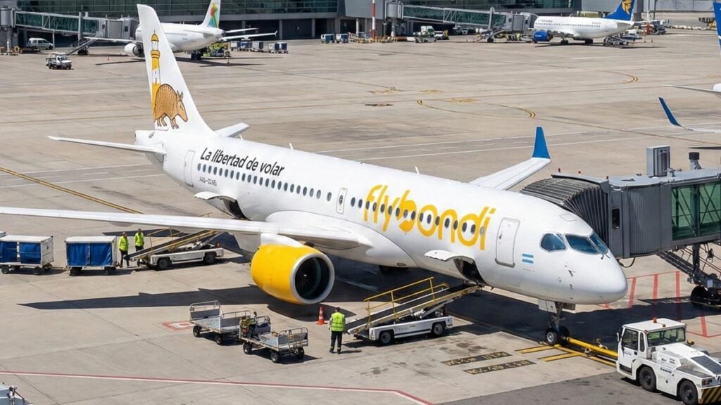 Airbus A220-300 (imagen realizada con IA) de Flybondi en plataforma de aeropuerto ilustrando el anuncio de que Flybondi incorpora nuevos aviones en su histórica expansión