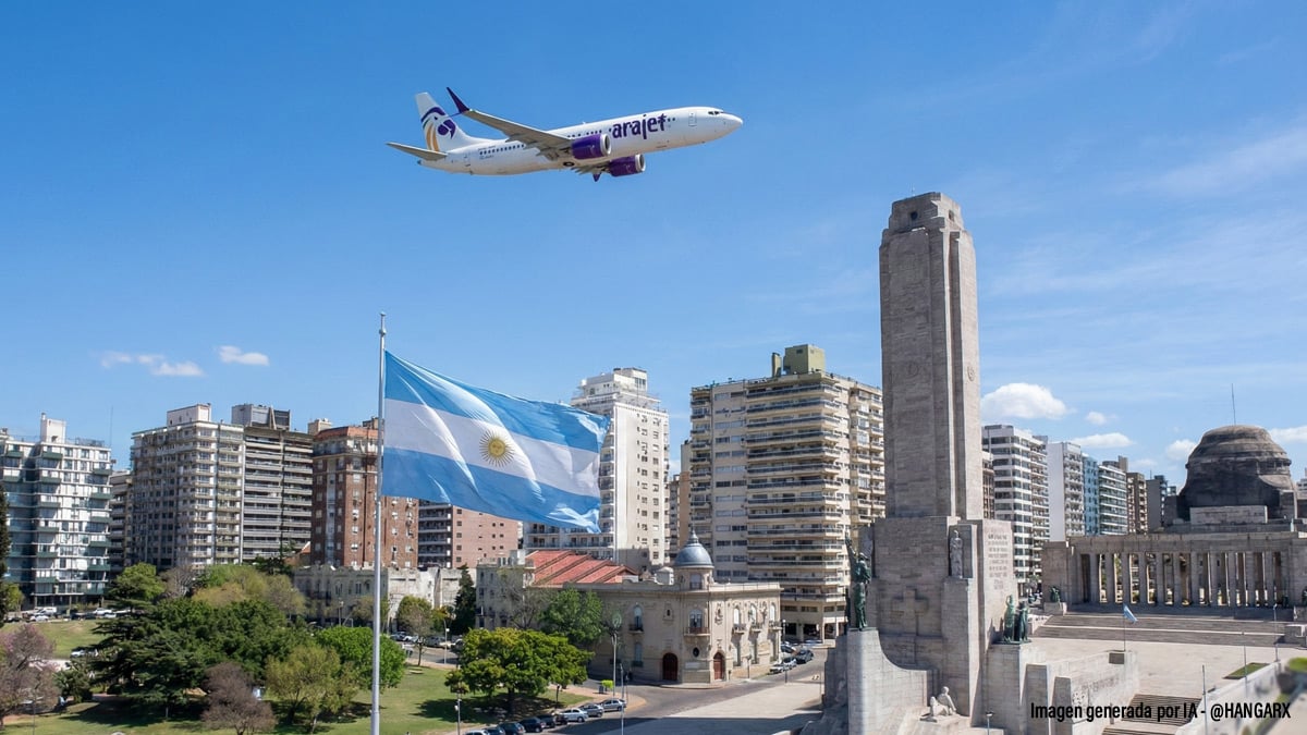 Avión de Arajet sobrevolando el Monumento a la Bandera en Rosario, vuelos directos a Punta Cana