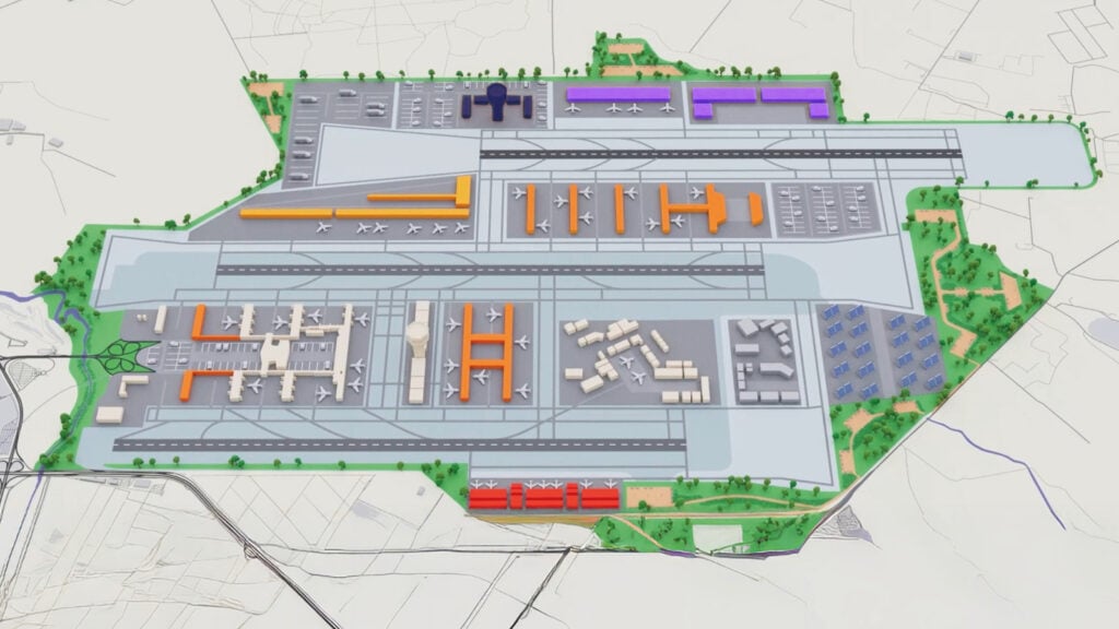 Render del plan maestro para la ampliación del Aeropuerto de Santiago (AMB) con tercera pista y nuevos terminales