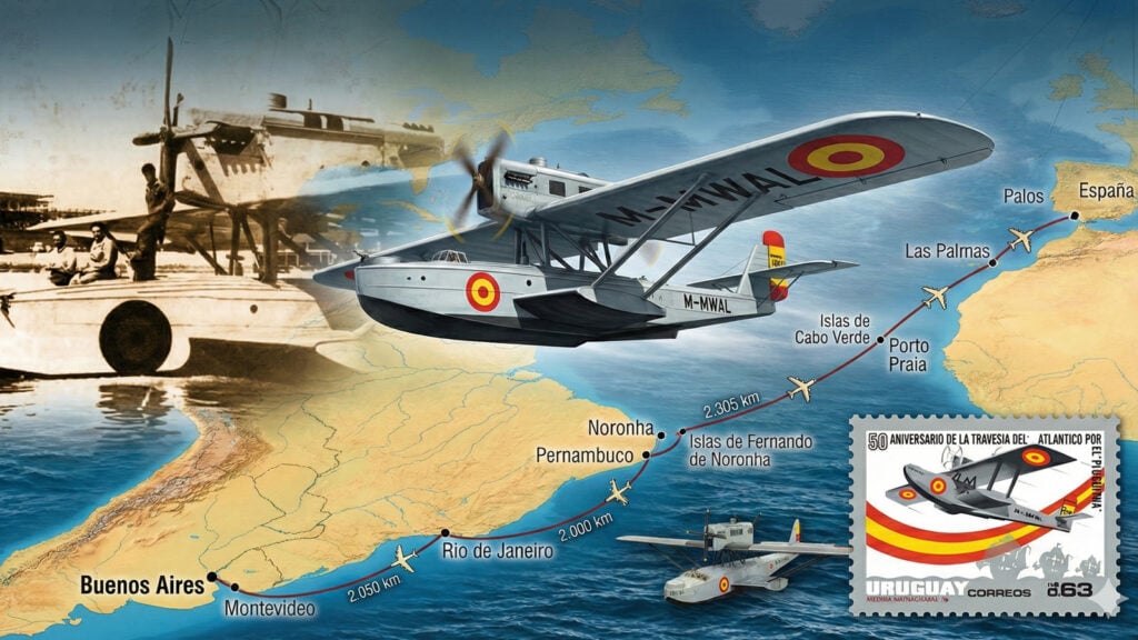 Mapa de la ruta histórica del vuelo del Plus Ultra entre España y Sudamérica para su centenario.