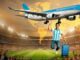 Avión Airbus A330 de Aerolíneas Argentinas sobre un estadio de fútbol, promocionando los vuelos para el Mundial 2026