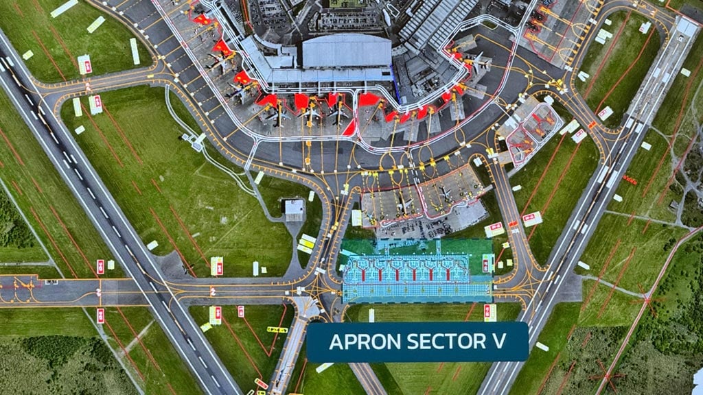 Plano satelital del Aeropuerto de Ezeiza detallando la ubicación de la futura Plataforma Golf o Apron Sector V para el estacionamiento de aviones