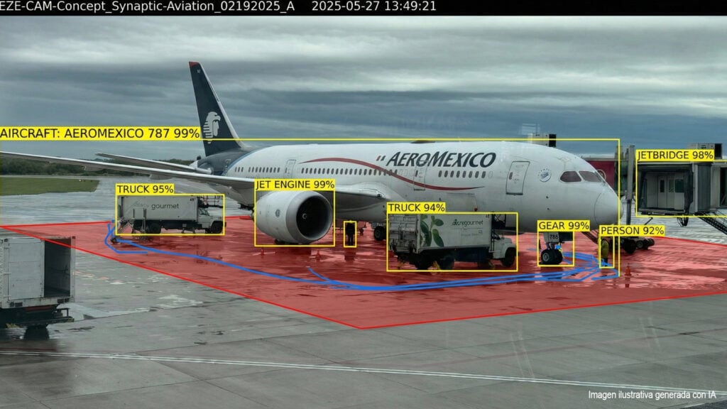 Pantalla de monitoreo con Inteligencia Artificial detectando una aeronave y vehículos de asistencia en la plataforma del Aeropuerto de Ezeiza. Imagen generada con IA a modo ilustrativo