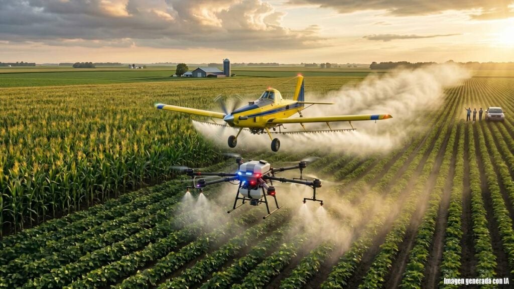 Aviación agrícola: Avión aeroaplicador y dron pulverizador operando simultáneamente a baja altitud sobre un campo de cultivo.