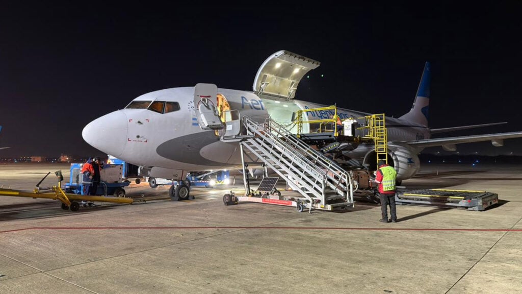 Operarios aeronáuticos cargando suministros de emergencia por la compuerta principal de un Boeing 737-800 carguero de Aerolíneas Argentinas durante la noche.