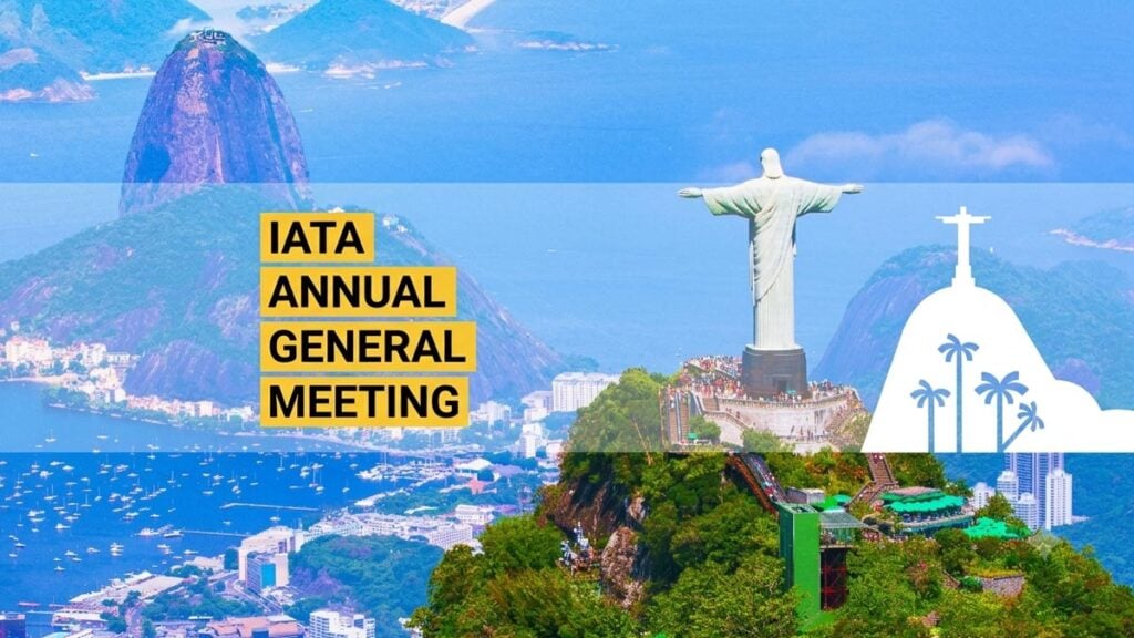 IATA AGM 2026: Gráfica oficial de la cumbre mundial de la aviación con la ciudad de Río de Janeiro de fondo, sede del evento que congregará a los principales líderes de la industria global.
