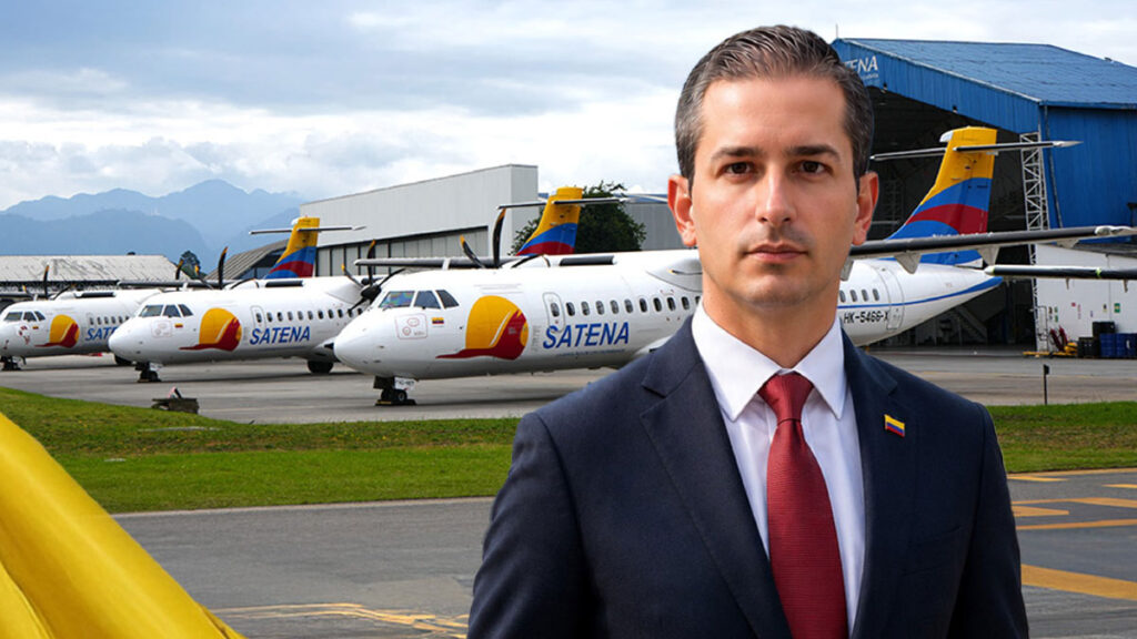 Retrato corporativo de Mateo Arjona, nuevo presidente de SATENA, con la flota de aeronaves turbohélice de la compañía de fondo.